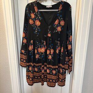 Loveriche Black Floral Boho Long Sleeved Dress w/ Bell Sleeves-Size Large